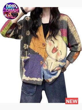 V Neck Oversized Cat Print Cardigan, Boho Patchwork Knit Sweater with Pockets